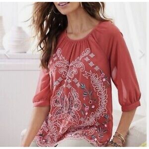 Soft Surroundings Sunrise Canyon Bella Embroidered Salmon Scalloped Blouse L New